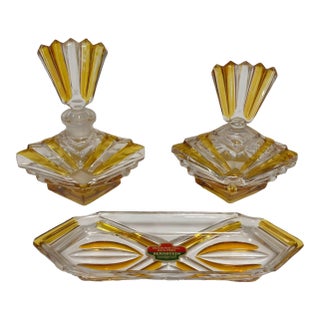Art Deco Bohemian Bleikristall Crystal Vanity Set, Amber Cut Glass, Circa 1930s For Sale
