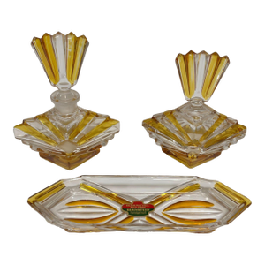Art Deco Bohemian Bleikristall Crystal Vanity Set, Amber Cut Glass, Circa 1930s