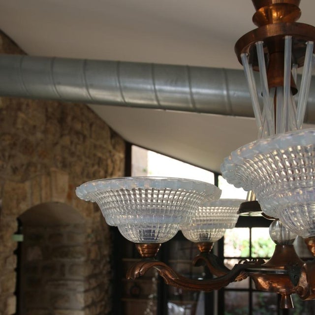 French Art Deco Chandelier in Opalescent Glass and Copper by Ezan-Petitot, 1930s For Sale - Image 9 of 18