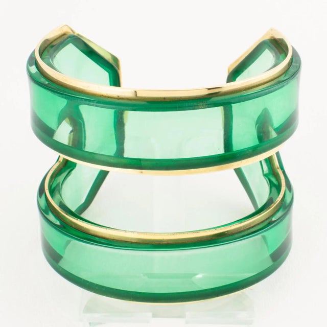 Green Lucite and Brass Cuff Bangle Bracelet For Sale - Image 16 of 16