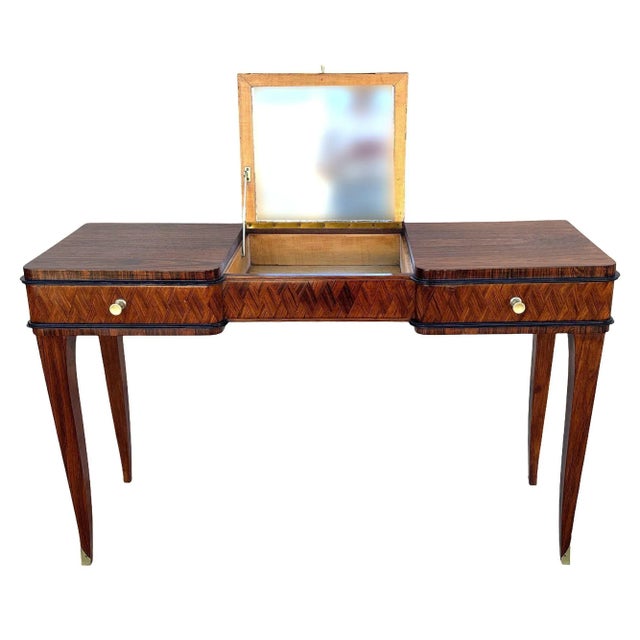Elegant French Art Deco Madagascar Rosewood and brass dressing table vanity desk, featuring sleek tapered legs, brass-...