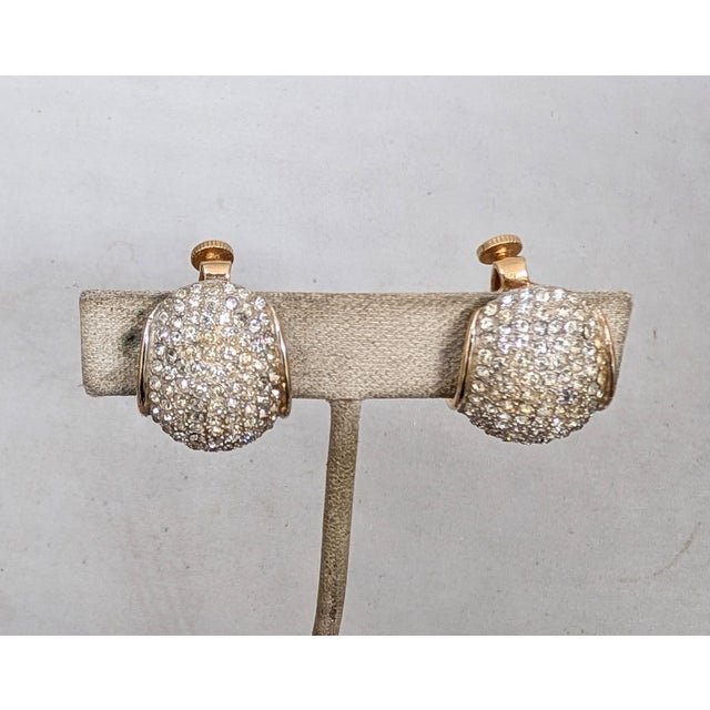 1960s Vintage 1960s Signed Vendome Goldtone Pavé Round Clear Rhinestone Half Hoop Clip Earrings-2 Pieces For Sale - Image 5 of 10