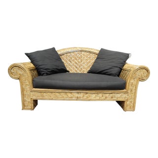 Wicker Frame & Black Cushions Outdoor Sofa For Sale