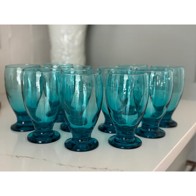 Glass Vintage Turquoise Footed Water Goblets - Set of 10 For Sale - Image 7 of 9