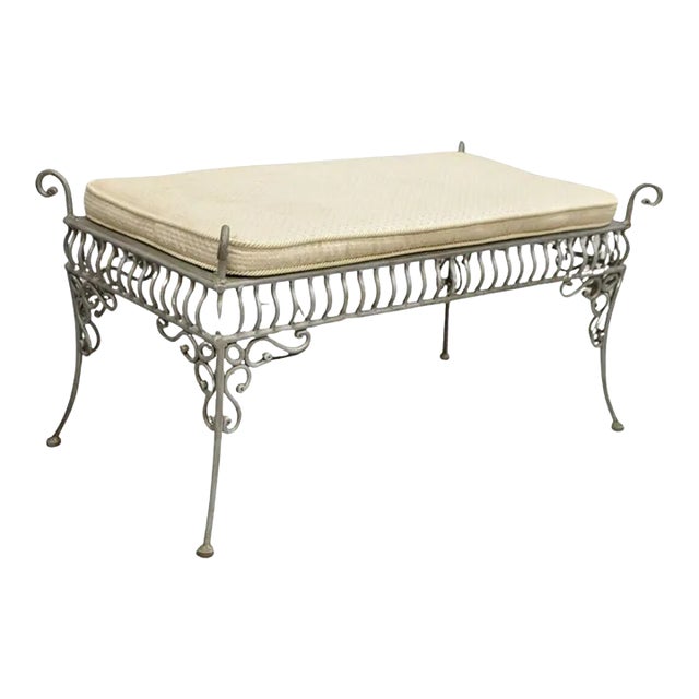 Late 20th Century Decorator Wrought Iron Scrolling French Country Style Gray Lattice Bench For Sale