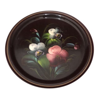 Vintage Round Hand-Painted Tole Tin Ware Tray For Sale