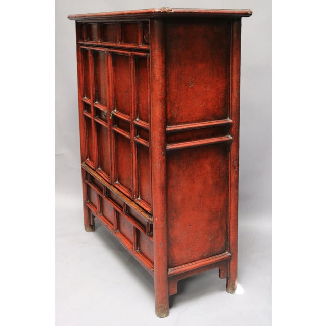 Elm Wood Red Crackle Cabinet For Sale - Image 4 of 7