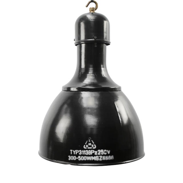 Vintage Industrial Black Enamel and Brass Pendant Light, 1950s For Sale