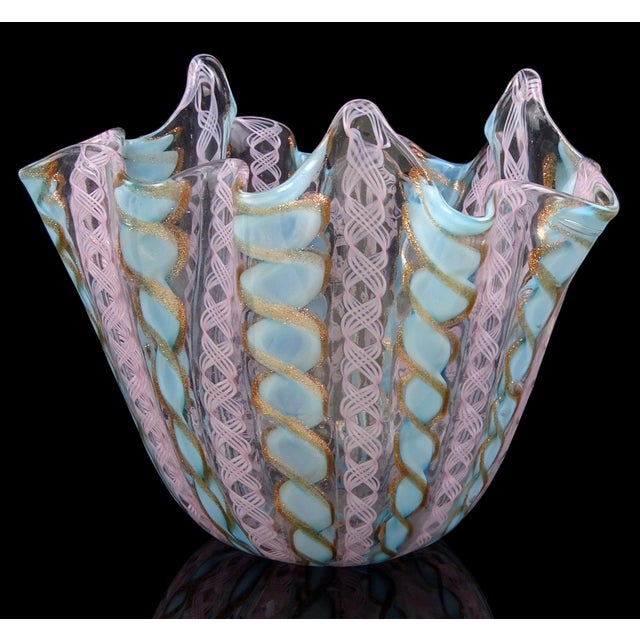 Beautiful vintage Murano hand blown pink and blue twisting ribbons Italian art glass fazzoletto / handkerchief vase. The...