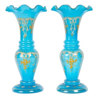 Napoleon III Blue Opaline Vases with Gold Accents, 1800s, Set of 2 For Sale