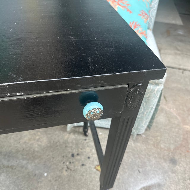 Simple Black Vintage Desk on Wheels With Turquoise and Silver Knobs For Sale In Atlanta - Image 6 of 6