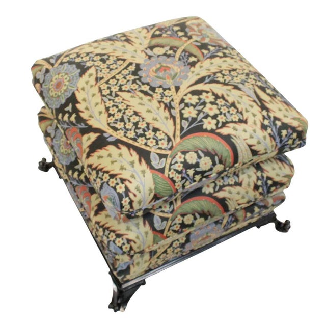 Frances Elkins style upholstered Turkish ottoman featuring a richly patterned floral and botanical textile in tones of...