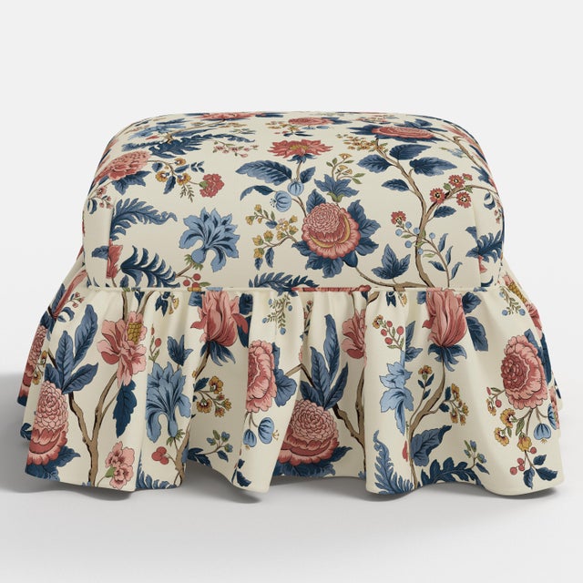 Transitional Edith Ruffle Ottoman in Dusty Blue Tree of Life For Sale - Image 3 of 5