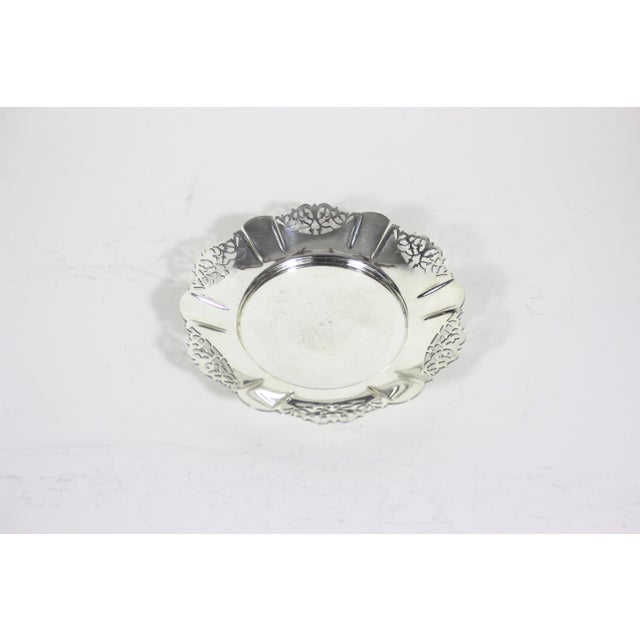 Vintage Small Silver Wine Bottle Coaster Tray Ruffled Edge, Round Silver Plated Dish With Pierced Cutout Details Trinket Pillar Candleholder For Sale - Image 6 of 8