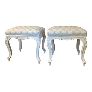 Antique White Painted French Louis Style Benches Newly Upholstered- a Pair For Sale
