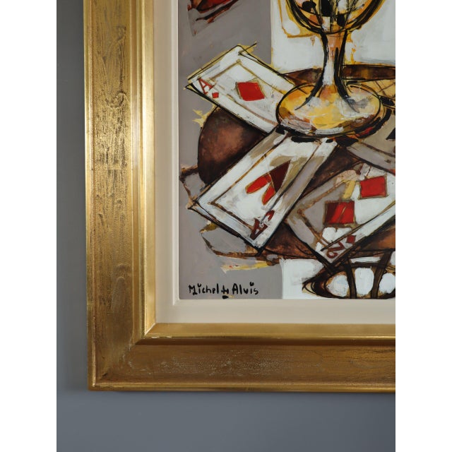 Mid-Century Modern 'Red Blooms & Cards' Vintage Swedish Expressive Original Still Life Oil Painting, Framed For Sale - Image 6 of 12