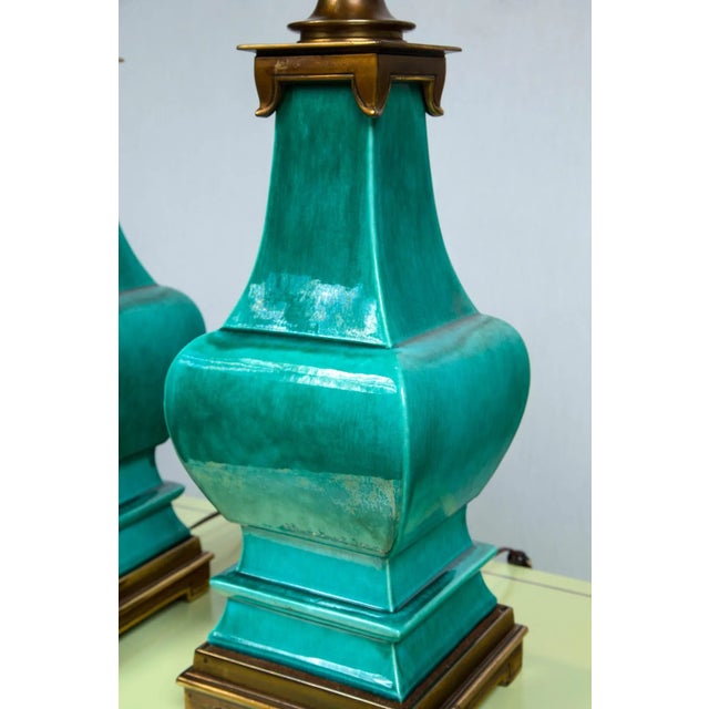 Vintage Mid Century Green Glazed Pagoda Style Stiffel Lamps- a Pair For Sale - Image 18 of 18