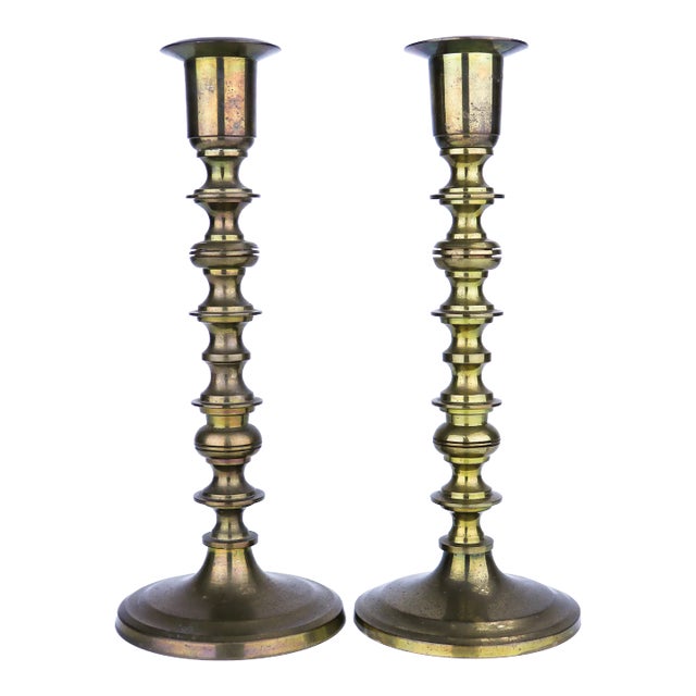 Antique Dark Brass Taper Candlesticks - Set of 2 For Sale