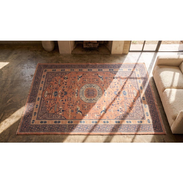Lovely Orange-Tangerine Background Color With Medallion-Crest Design Antique Chinese Kansu Small Rug For Sale - Image 10 of 10