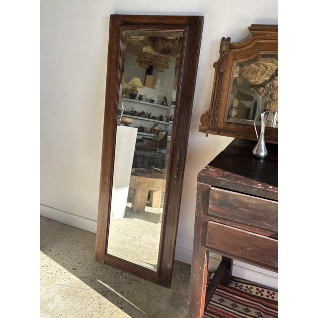 Antique Mirror in Brown Oak with Beveled Glass and Keyhole Escutcheon, 1980s For Sale - Image 3 of 16