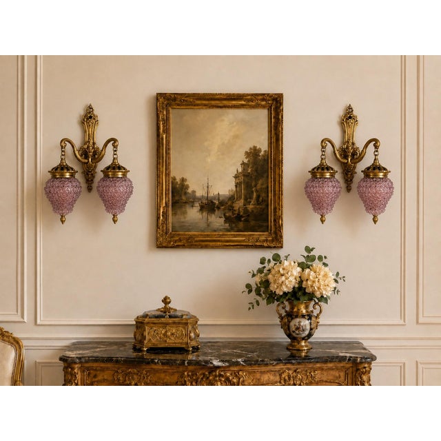 1980s French Louis XVI Gold Purple Crystal Wall Lamps Sconces-Pair For Sale - Image 9 of 14