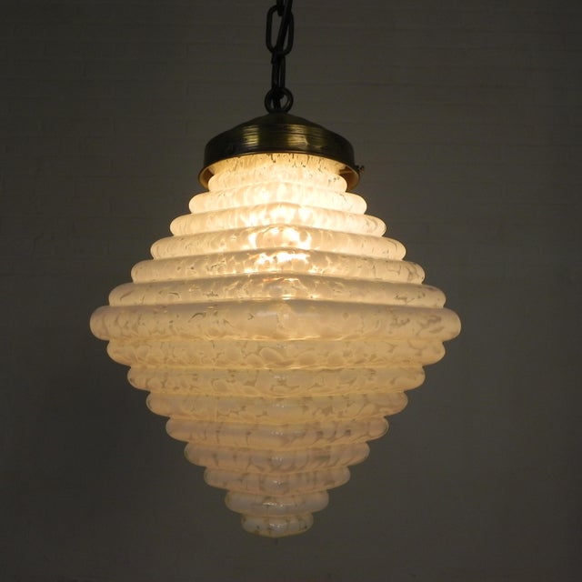 Gold Art Deco Pendant Lamp with Hexagonal Stepped Glass Shade, 1930s For Sale - Image 8 of 18