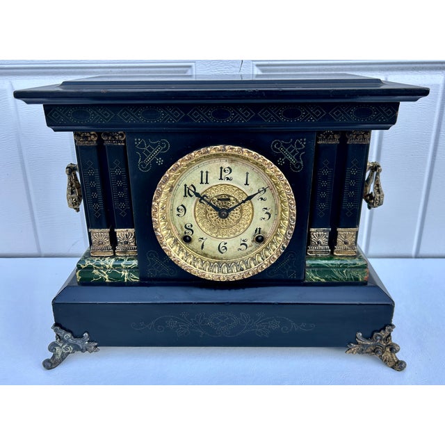 Antique E. Ingraham Adrian Mantle Clock Faux Green Marble Double Pillars W/Key For Sale In Philadelphia - Image 6 of 15