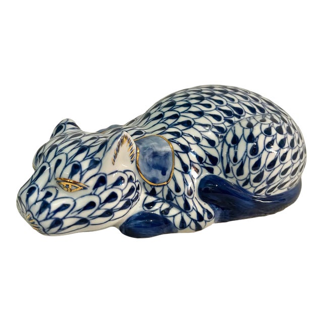 Vintage Blue & White Fishnet Porcelain Cat Sculpture in the Herend Style, 10.5 Inches For Sale