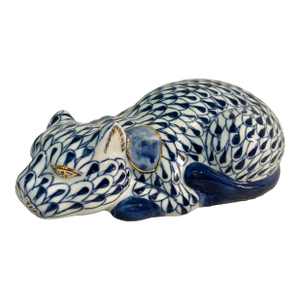Vintage Blue & White Fishnet Porcelain Cat Sculpture in the Herend Style, 10.5 Inches