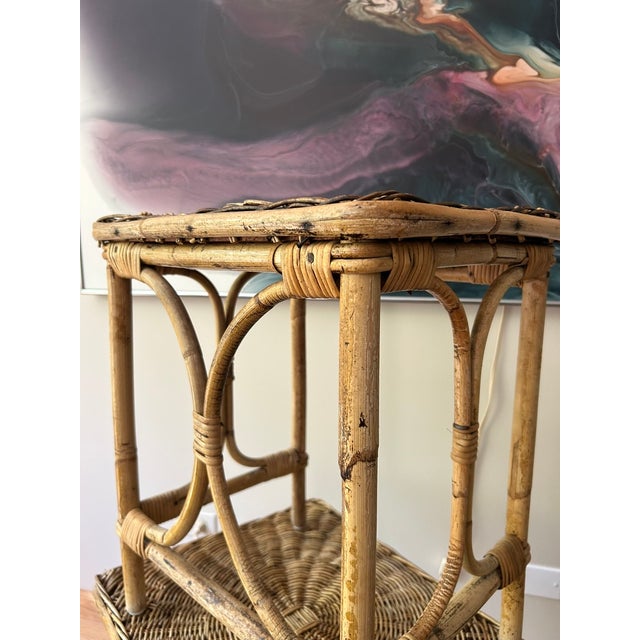 Mid-Century Modern 1960s Mid-Century Bohemian Woven Wicker & Rattan, Bamboo Sunburst Nesting Tables - Set of 2 For Sale - Image 3 of 9