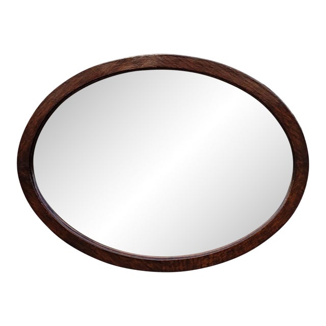 19th Century Victorian Oval Oak Wall Mirror Beveled Edge Antique Glass For Sale