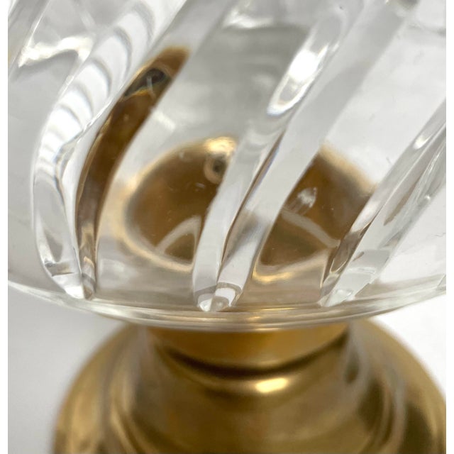 Glass Ralph Lauren-Style Etched Crystal and Heavy Brass Base Hurricane Lamp 15x9” For Sale - Image 7 of 7
