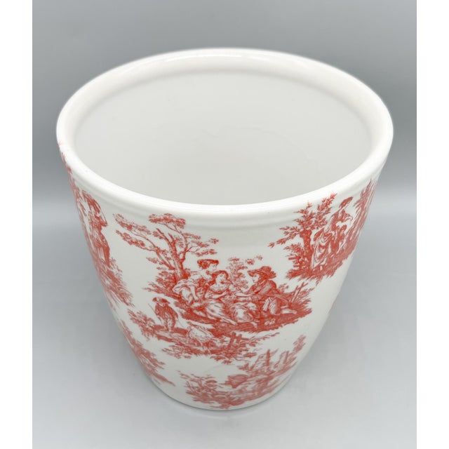 Vintage Red Transfer Ware Ceramic Cachepot Planter - European Pastoral Scene, Cottagecore, Grandmillennial For Sale - Image 12 of 13