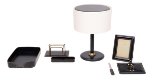 Large Stich Leather Desk Set by Jacques Adnet, 1970, Set of 7