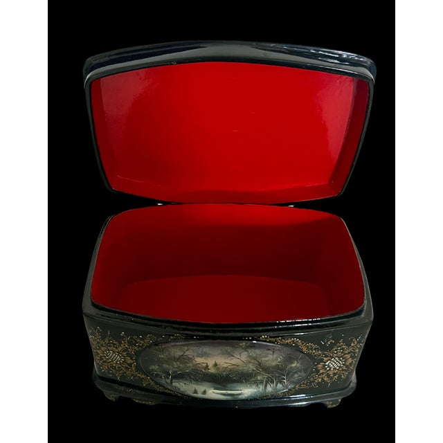 Vintage Russian Black Lacquer Fedoskino Box, Mother of Pearl Sunset, Winter Snow, Artist Signed & Dated For Sale - Image 9 of 13