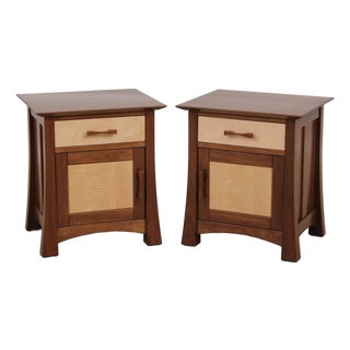 Pair of Studio Crafted Tiger Maple & Walnut Nightstands For Sale