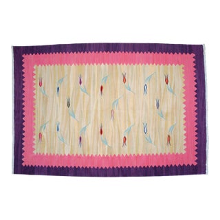 Turkish Silk Rug Kilim Hand Woven Tulips Motif Oushak Area Rug - 3′11″ × 5′7″ For Sale