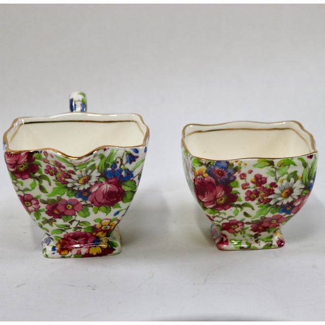 English Mid 20th Century Royal Winton Grimwades Summertime Chintz Pattern Creamer and Open Sugar Bowl For Sale - Image 3 of 11