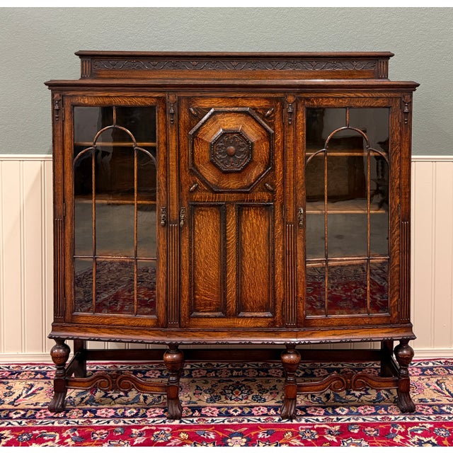 Jacobean Antique English Jacobean Bookcase Bow Front Cabinet Triple Door Oak C1930s For Sale - Image 3 of 18