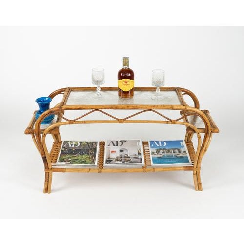 Mid-Century Modern Rattan and Frosted Glass Rectangular Side Table, Italy, 1970s For Sale - Image 6 of 18