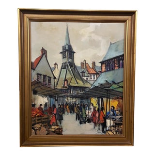 Circa 1970 French HonFleur Marketplace Oil Painting on Canvas by F. Claude For Sale