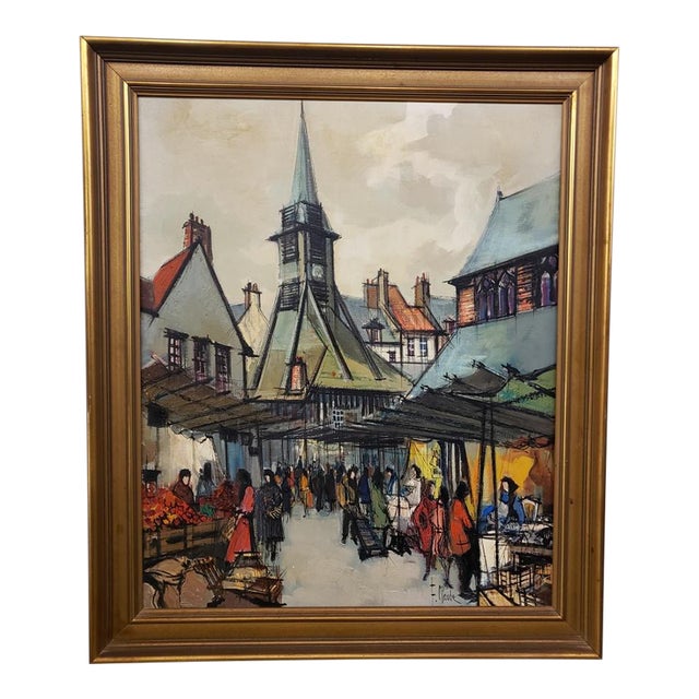 Circa 1970 French HonFleur Marketplace Oil Painting on Canvas by F. Claude For Sale
