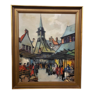 Circa 1970 French HonFleur Marketplace Oil Painting on Canvas by F. Claude