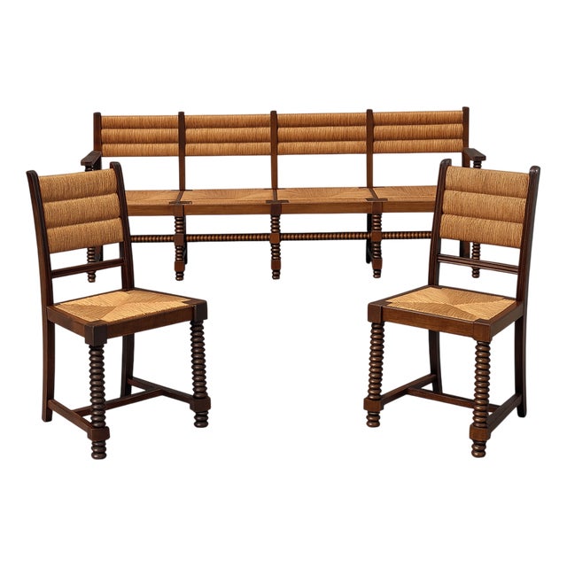 French Benches and Chairs in Oak and Straw, 1940, Set of 3 For Sale