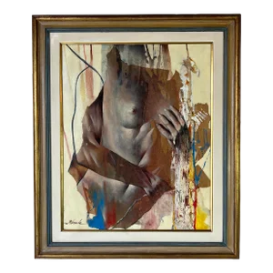 70's Vintage Mixed Media Collage Abstract Nude Woman Painting, Signed