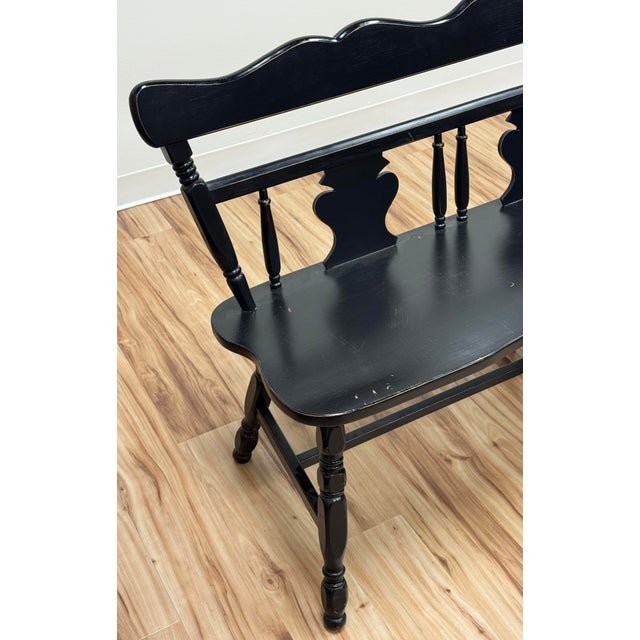 Black Vintage Early American Style Black Carved Wood Bench For Sale - Image 8 of 12