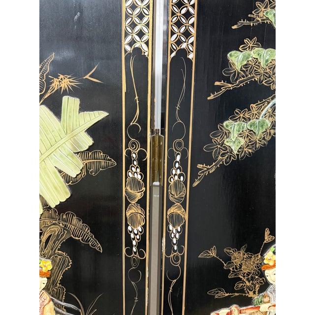 Asian Black Lacquer Four-Panel Folding Screen, Vintage For Sale - Image 12 of 16