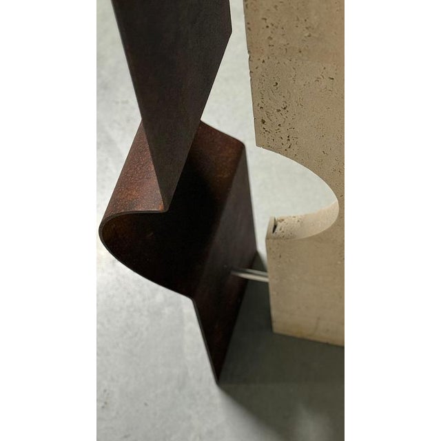 Metal Oculus Ox Floor Lamp in Rough Iron & Travertine by D´ARK Atelier For Sale - Image 7 of 13