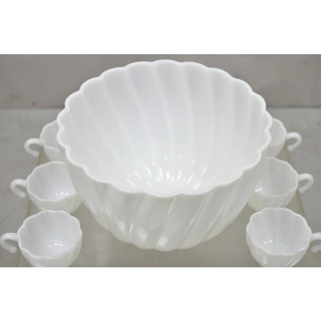 Mid-Century Modern Hazel Atlas White Apline Swirl Punch Bowl Set 9 Hook Handle Cups - 10 Pcs For Sale - Image 3 of 12
