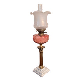 Antique 19th Century Marble, Brass and Cranberry Glass Oil Lamp, 1880 For Sale